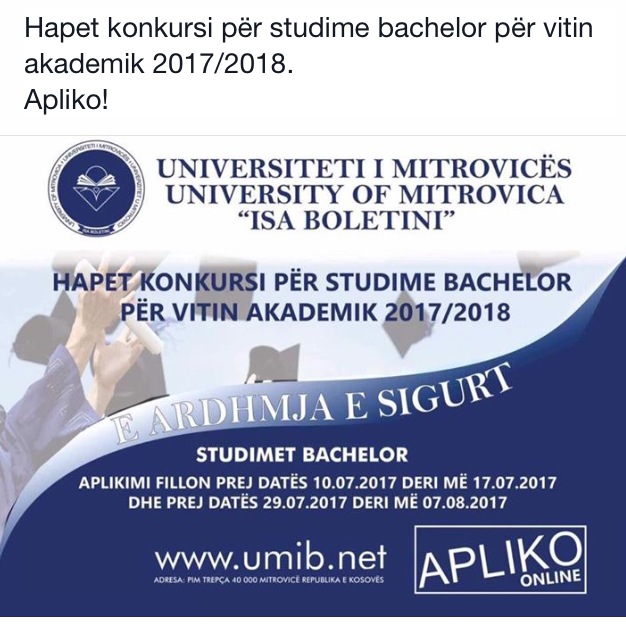 Konkurs Për Pranimin E Studentëve Në Vitin E Parë Të Studimeve Themelore Në Vitin Akademik 2017/2018