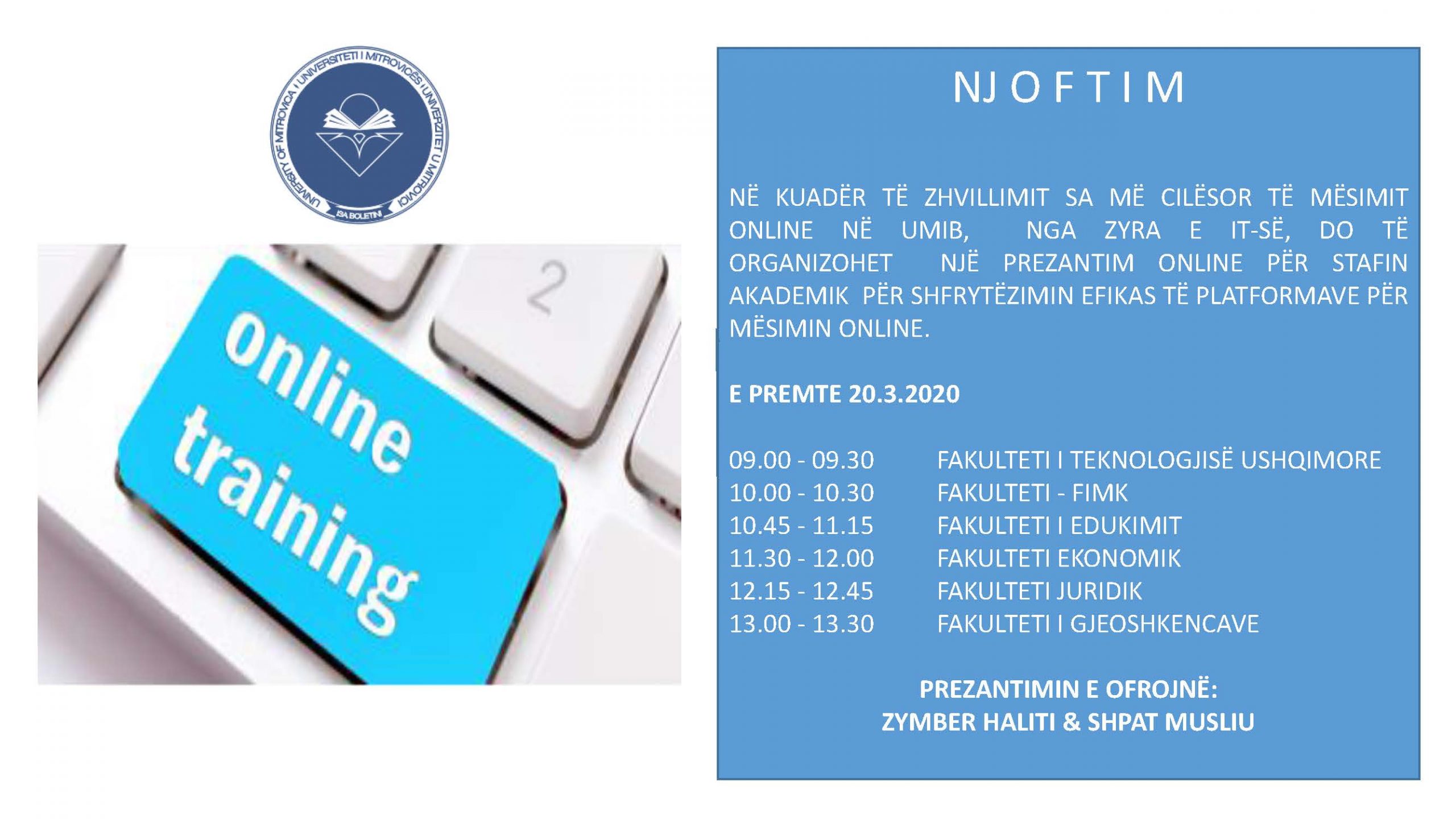 Prezantim Online Për Stafin Akademik Lidhur Me Shfrytëzimin E Platformave Për Mësim Online