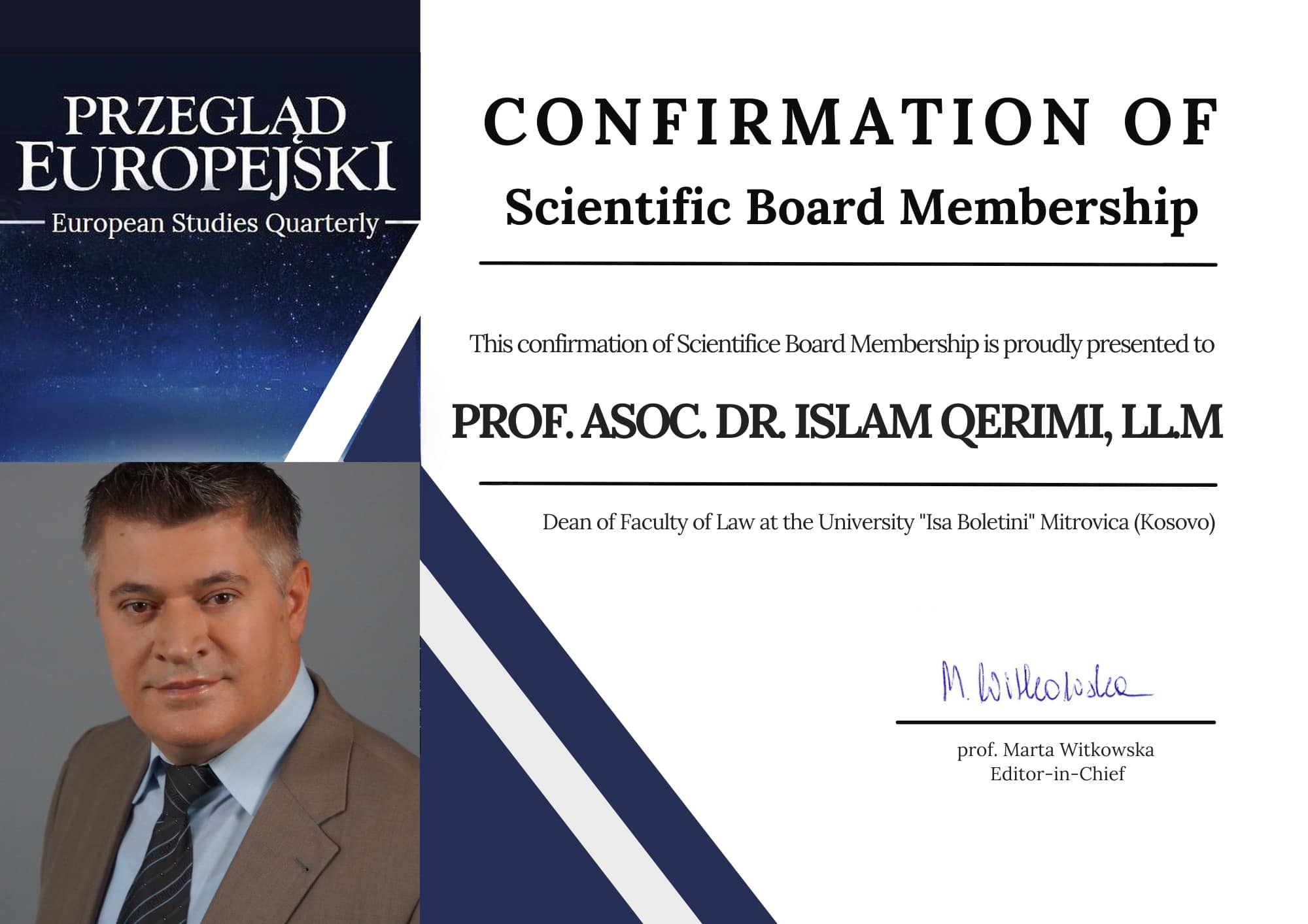 Prof.asoc.dr. Islam Qerimi, Zgjedhet  Anëtar I Bordit Shkencor  Nga Revista E Universitetit Të Varshavës, PRZEGLAD EUROPEJSKI – European Studies Quartely